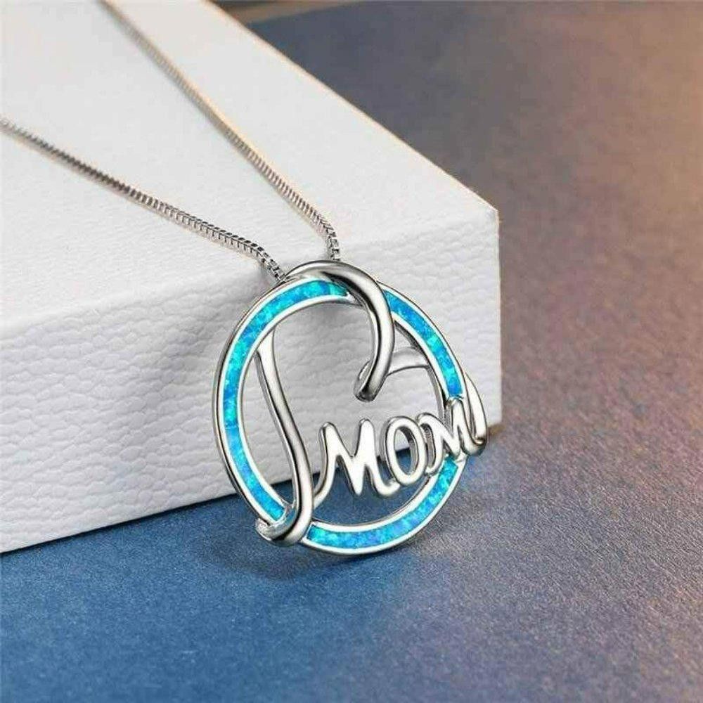 Designer Round Blue Opal Mom Heart Silver Necklace Size ONE SIZE - 2 Thumbnail