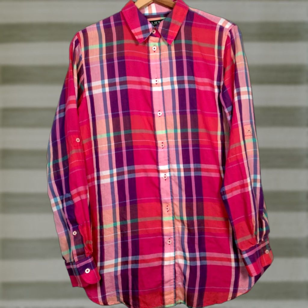 Ralph Lauren Lauren Ralph Lauren Blouse Shirt Women M Roll Tab Sleeve Purple Plaid Size M / US 6-8 / IT 42-44 - 1 Thumbnail