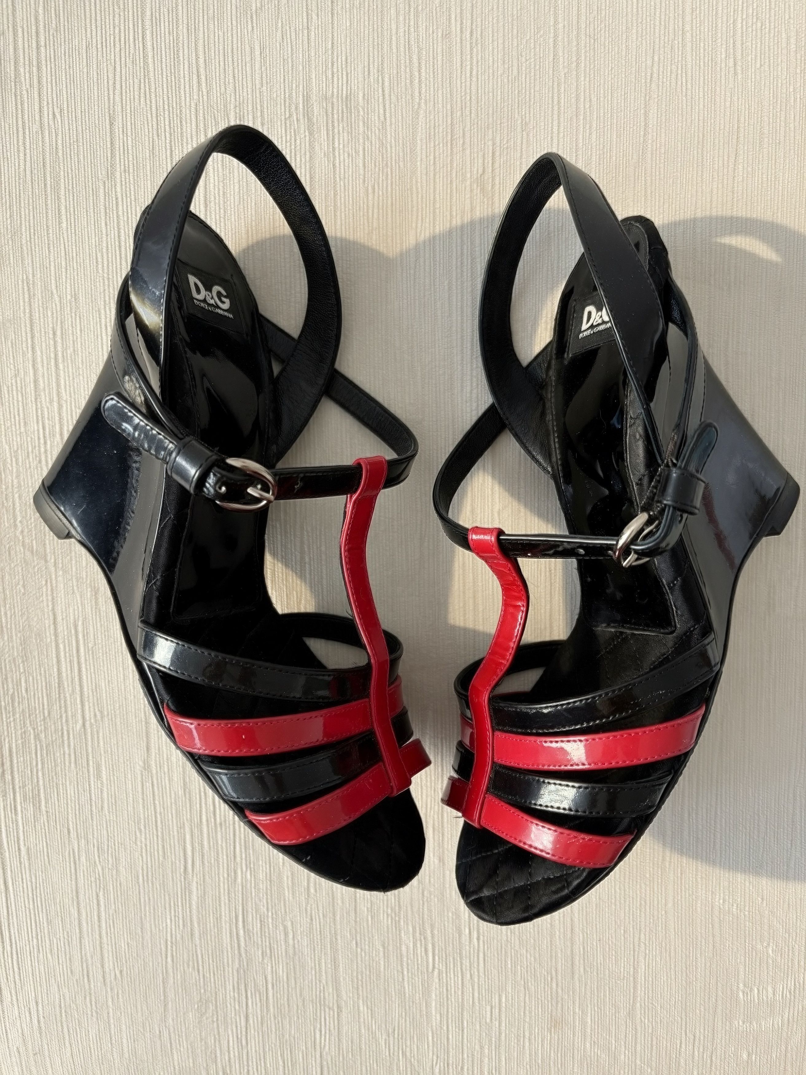 Dolce & Gabbana D&G Dolce & Gabbana Red Black Patent Leather Wedge Sandals Size US 7.5 / IT 37.5 - 2 Thumbnail