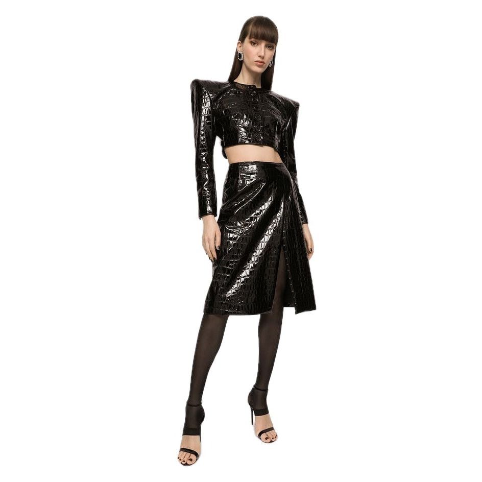 Dolce & Gabbana Dolce & Gabbana Black Croc Faux-Leather Midi Skirt IT 36 Size 25" / US 0 / IT 36 - 10 Thumbnail