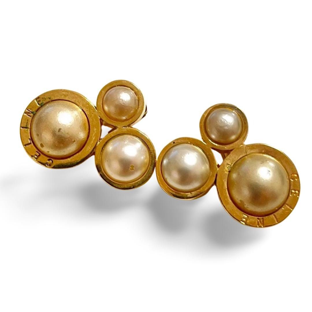Celine Vintage Celine golden 3 round frame faux pearl earrings Size ONE SIZE - 1 Thumbnail