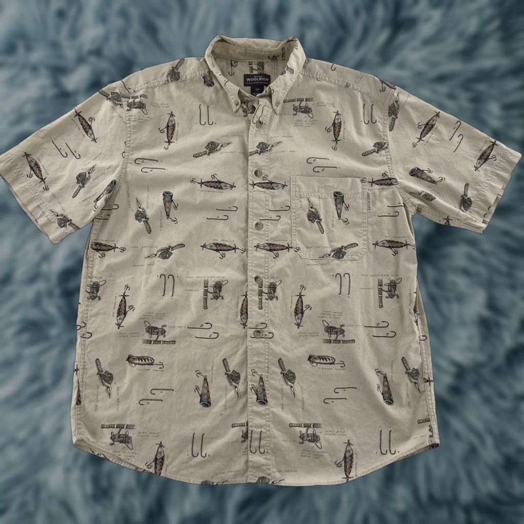 Vintage Woolrich Men Shirt Adult Large Birch Hooks Reels Short Sleeve Button-Down Fishing Beig e 100% Cotton 100% Cotton Logo All Seasons Mens Size US L / EU 52-54 / 3 - 1 Thumbnail