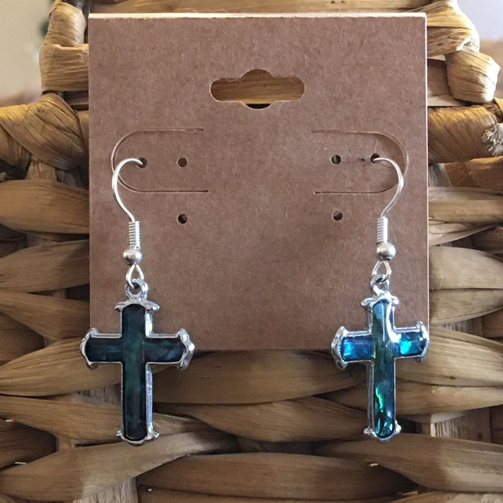 Jewelry Faux Abalone Silver Plated Cross Earrings in Blue, Women's