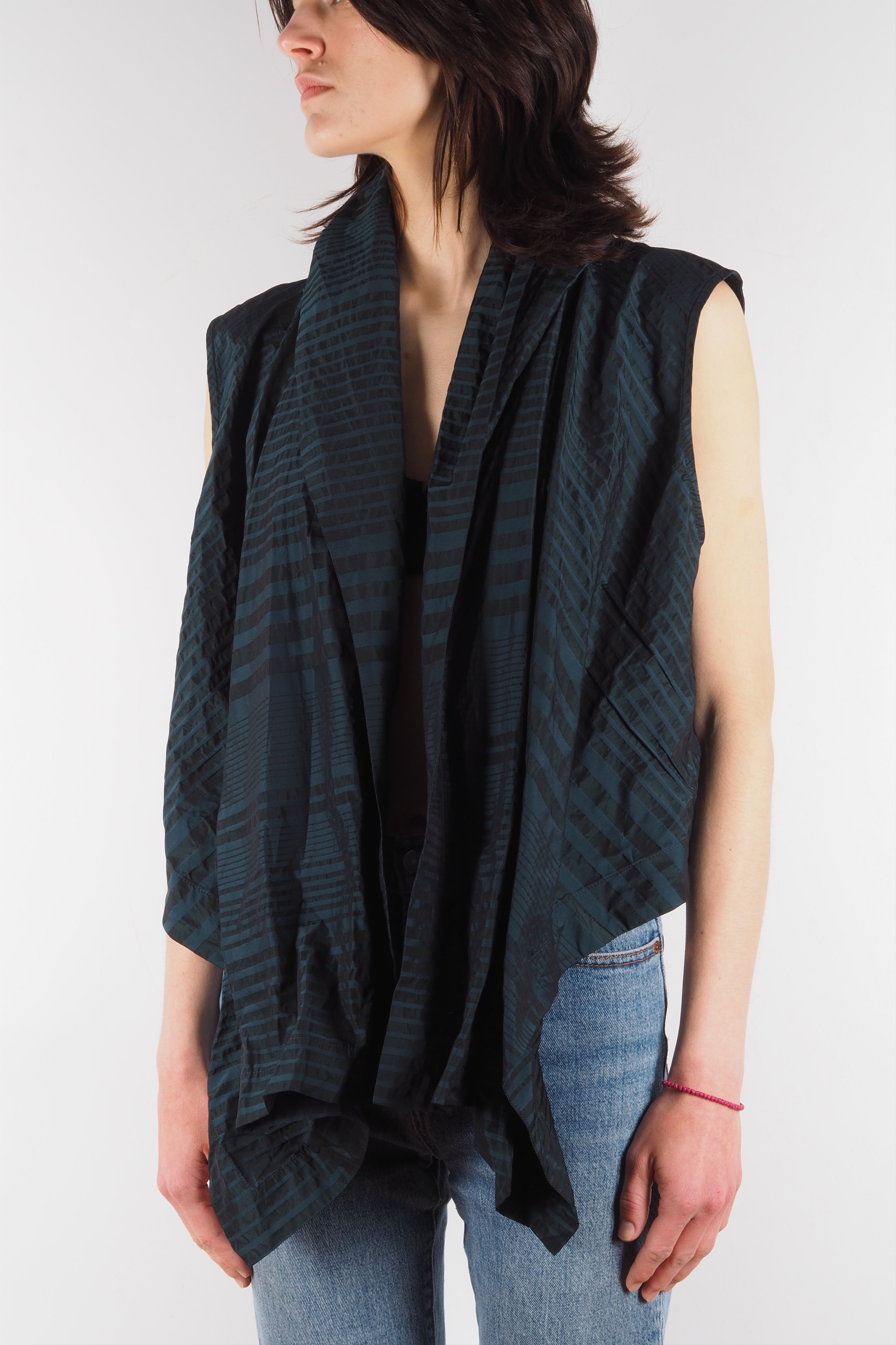 Designer × Rundholz × Sarah Pacini Oska Lightweight Sleeveless Green Open Cape Vest Jacket Top Size M / US 6-8 / IT 42-44 - 2 Thumbnail