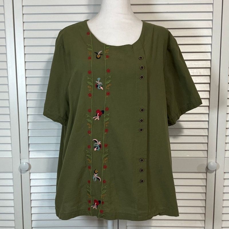 Other Retro Boho Olive Green Floral Embroidered Blouse Women 4XL Size 4XL / US 24-26 - 1 Thumbnail