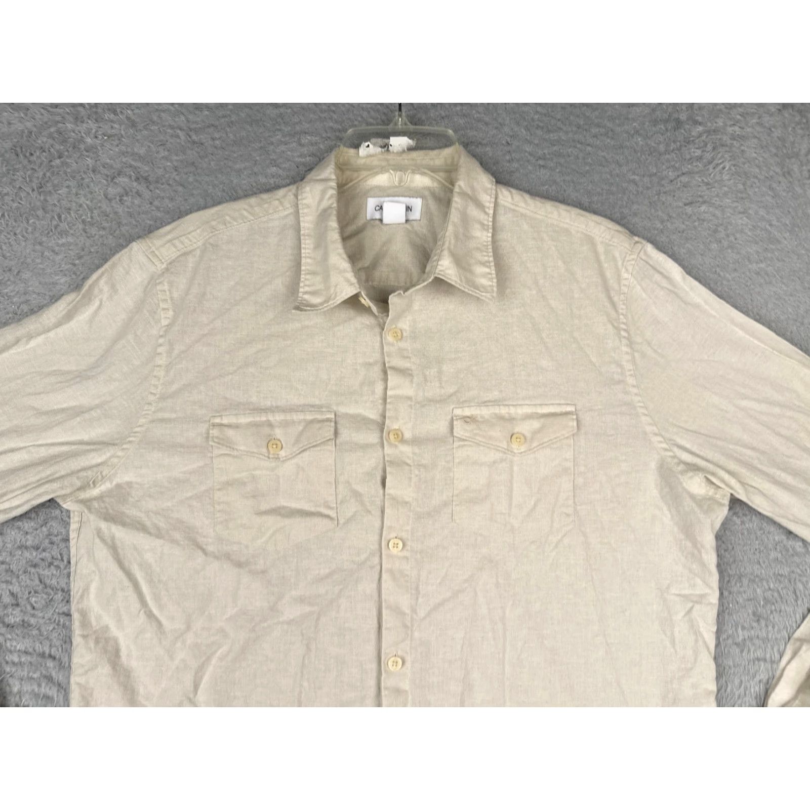 Calvin Klein VINTAGECalvin Klein Shirt Men Large Beige Cotton Blend Button Pocket Long Sleeve READ Size US L / EU 52-54 / 3 - 4 Thumbnail
