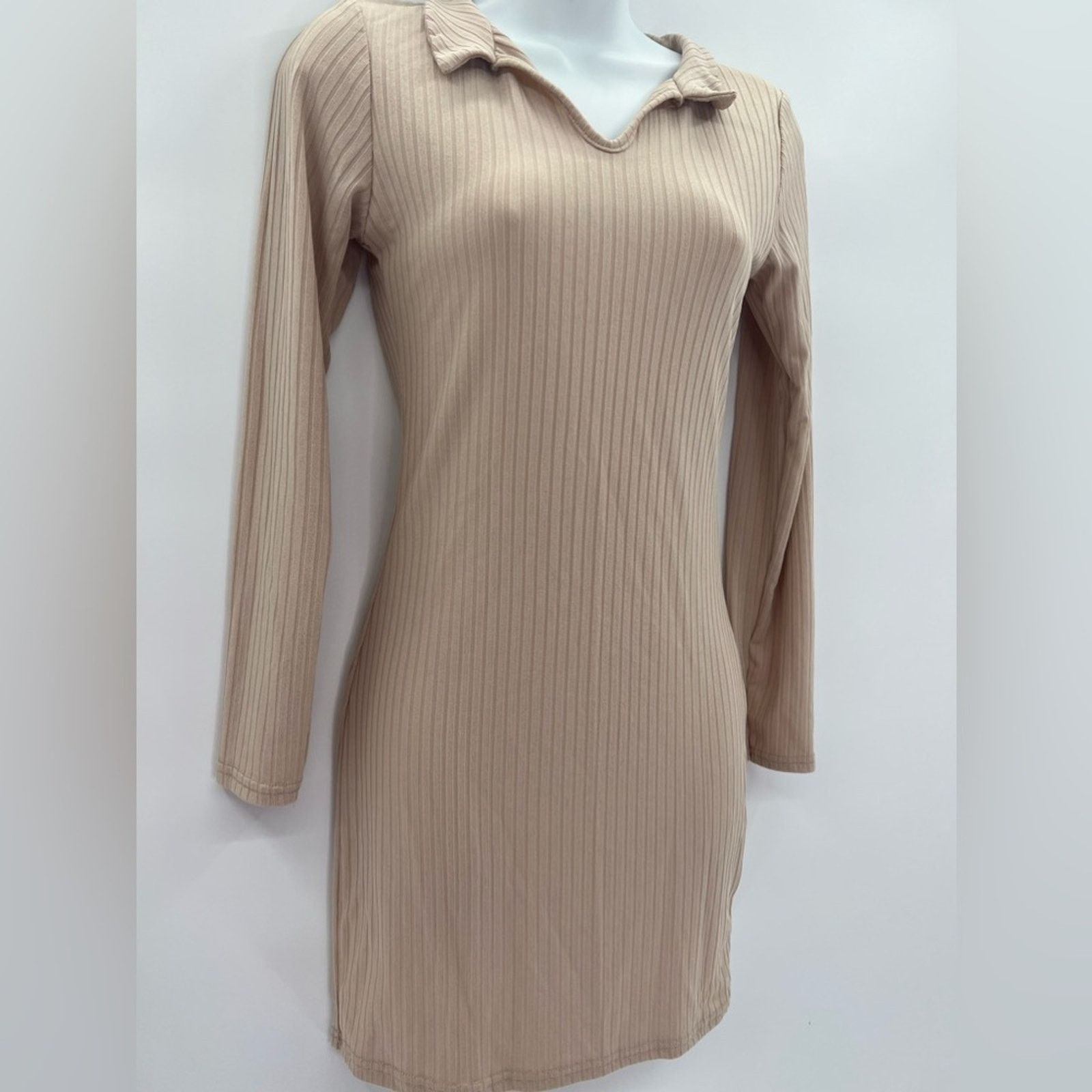 Boohoo Boohoo Camel Ribbed Collar Detail Long Sleeve Bodycon Size M / US 6-8 / IT 42-44 - 3 Thumbnail