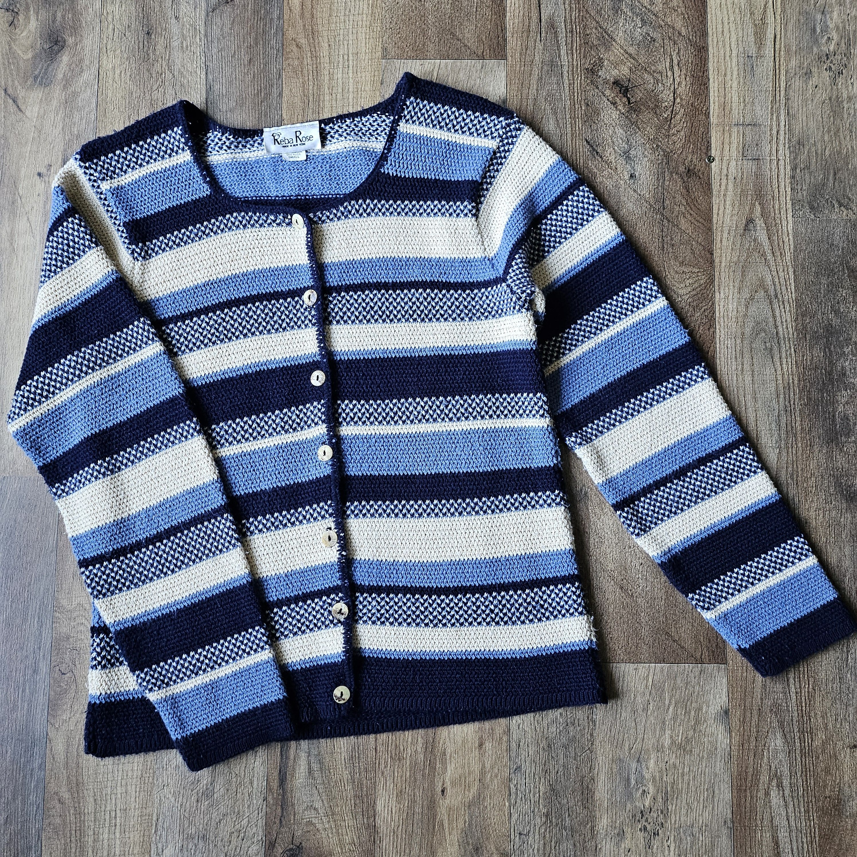 Vinti Andrews Reba Rose vintage '70s blue striped knit cardigan sweater. Size S / US 4 / IT 40 - 1 Thumbnail