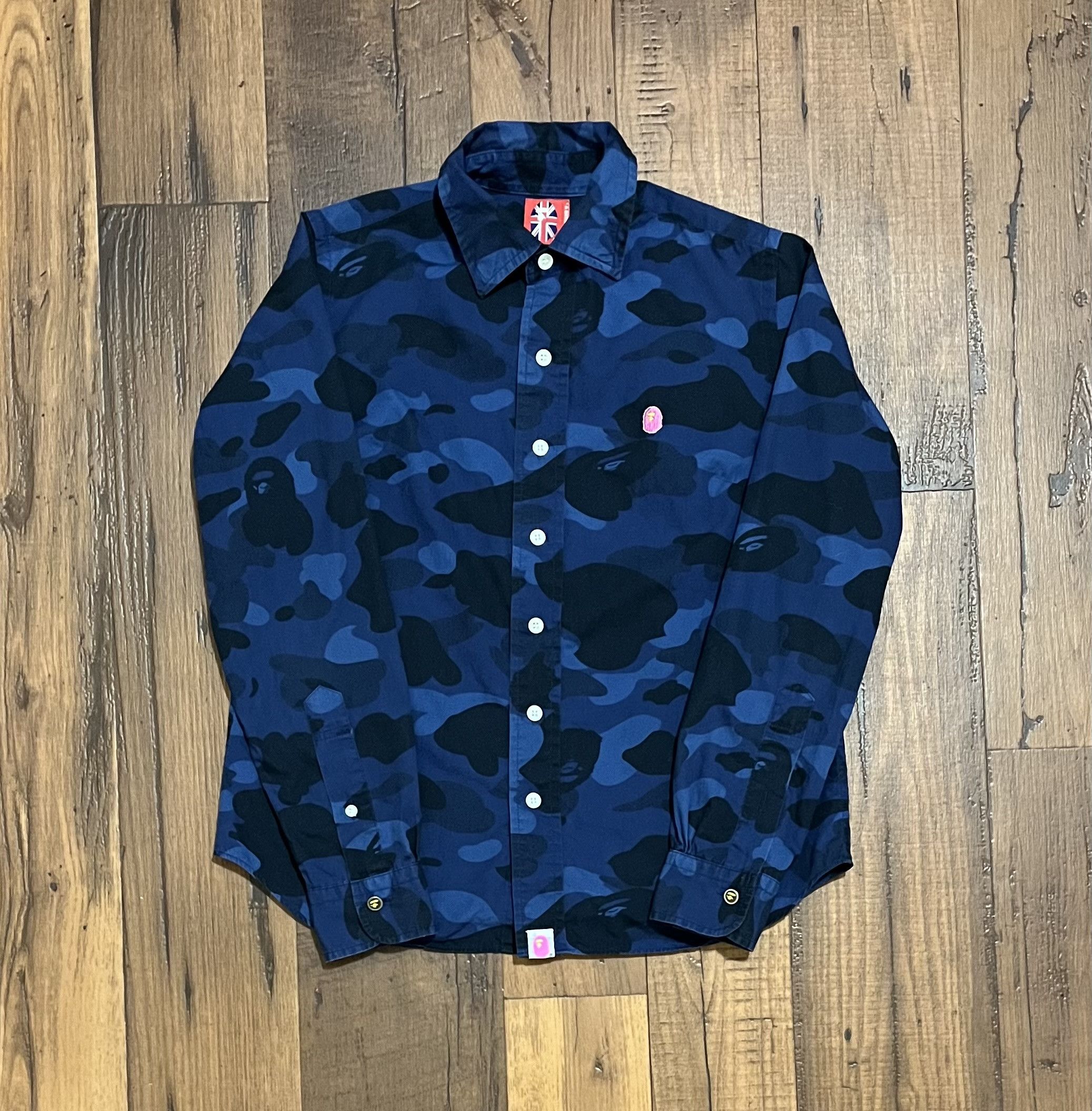 Image of Bape Long Sleeve Blue Camo Button Up Shirt, Women's (Size XS)