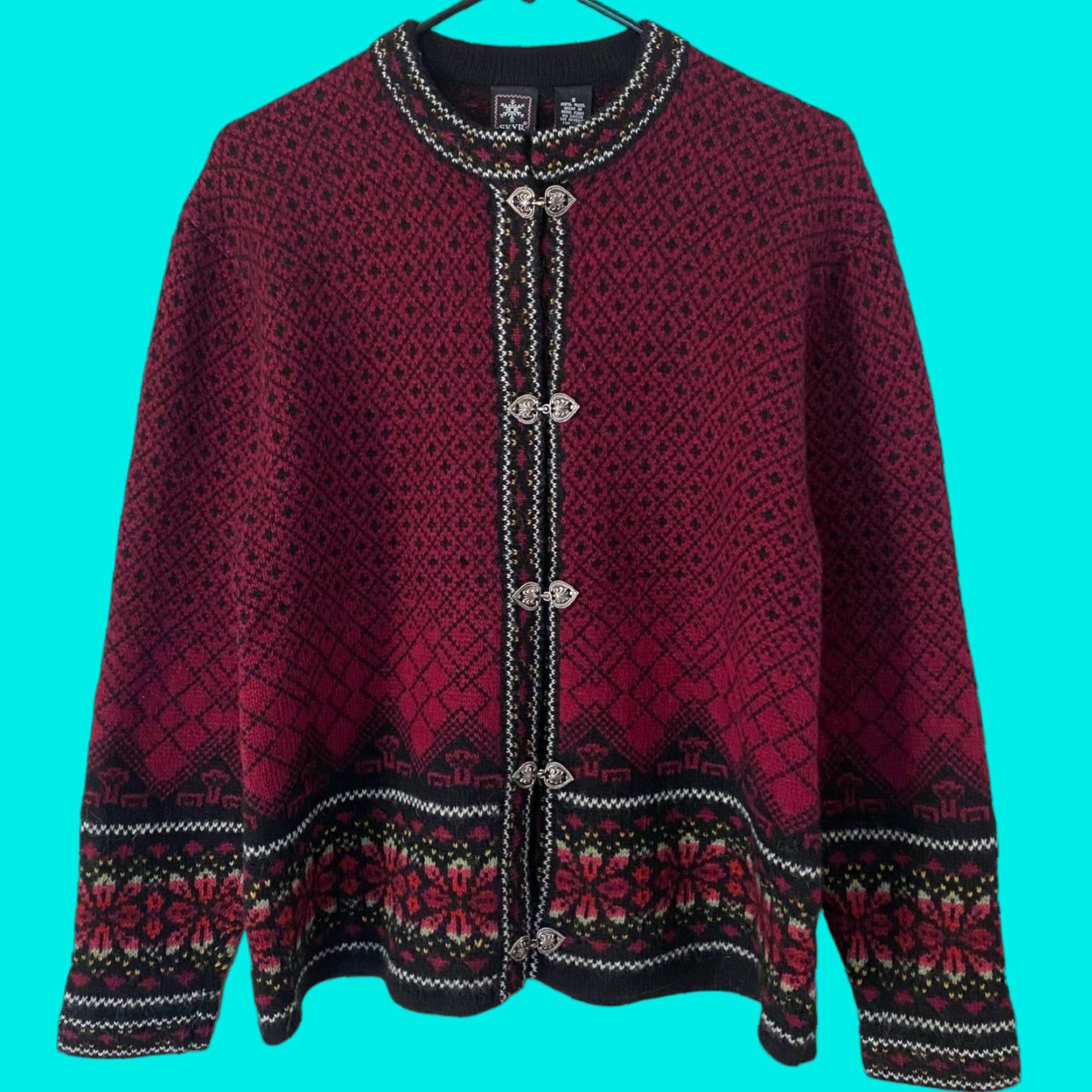 VINTAGE Skyr Wool Fair Isle Cardigan Sweater Women Small Red Knit Fall Winter 100% Wool