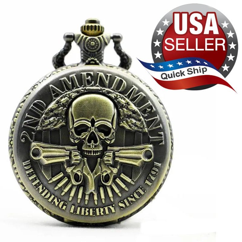 Other Pocket Watch & Chain 2nd Amendment Bronze Skull Pistols Guns Size ONE SIZE - 1 Thumbnail