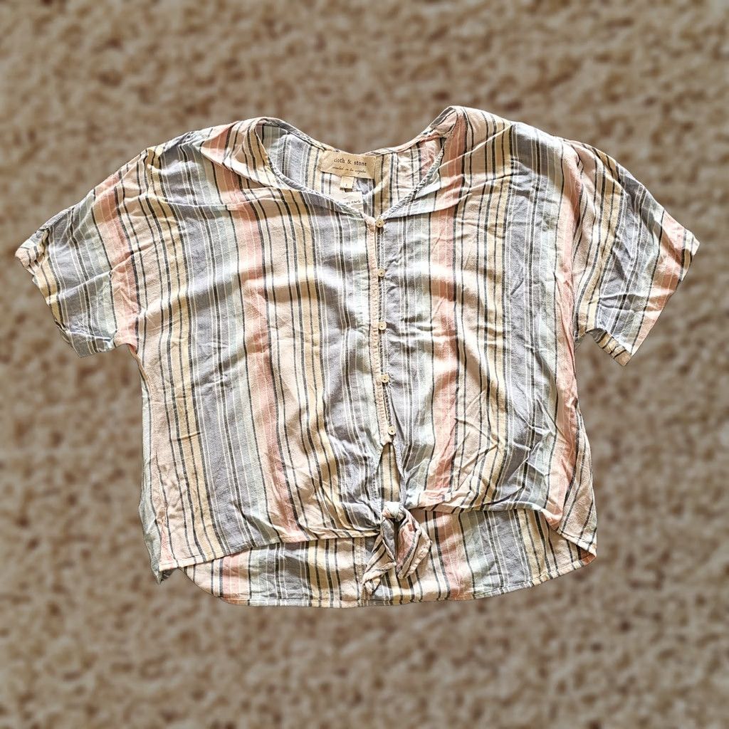 CLOT Cloth & Stone Top Shirt Womens Large Blue Striped Short Sleeve Button Up Casual Sleeve V-Neck Printed Pattern Size L / US 10 / IT 46 - 1 Thumbnail