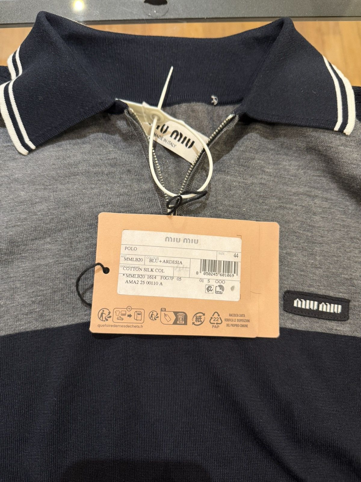 Miu Miu Miu Miu Cotton Pique Polo Shirt - Navy/Grey Size US M / EU 48-50 / 2 - 11 Thumbnail