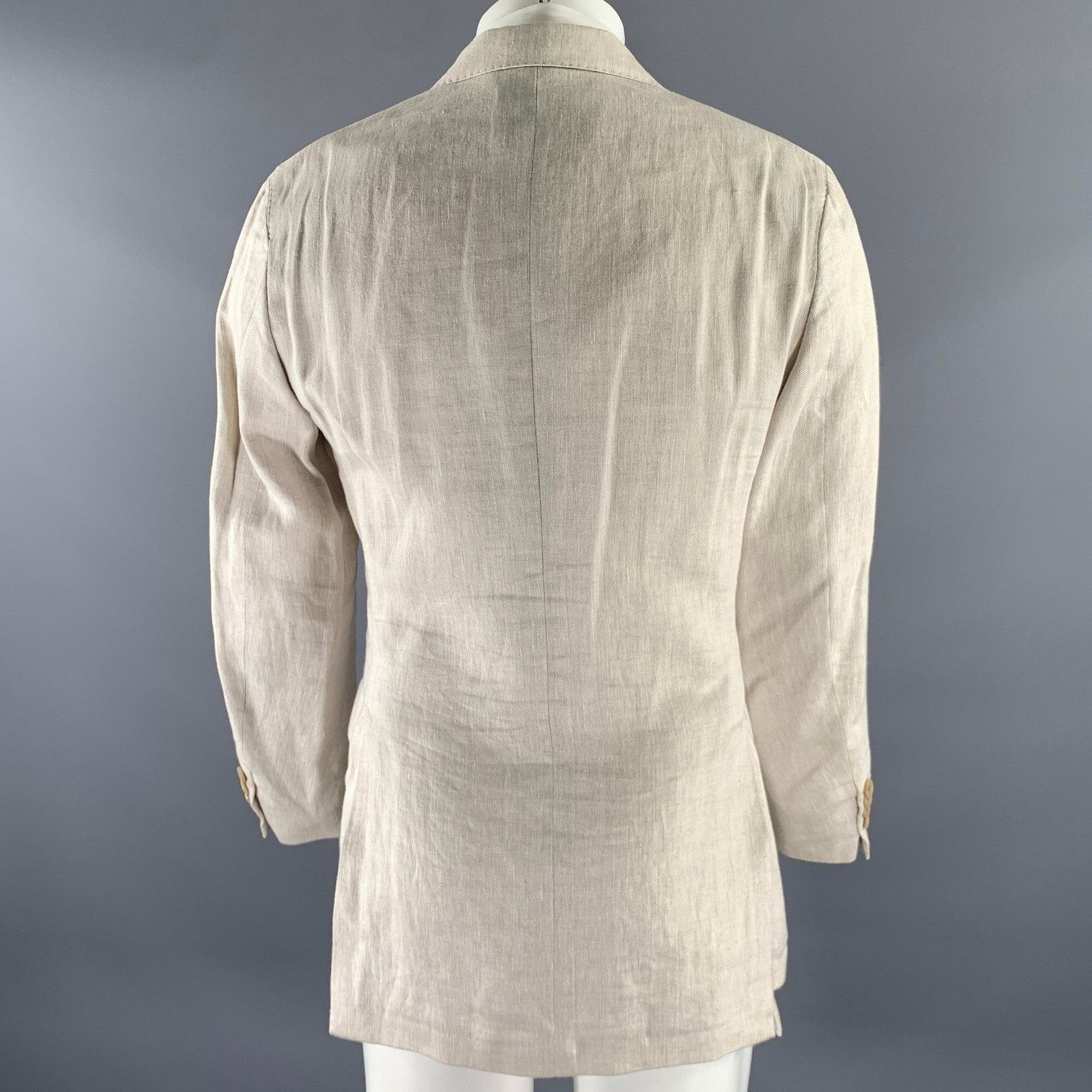 Salvatore Ferragamo SALVATORE FERRAGAMO Cream Herringbone Linen Sport Coat Size 38R - 4 Thumbnail