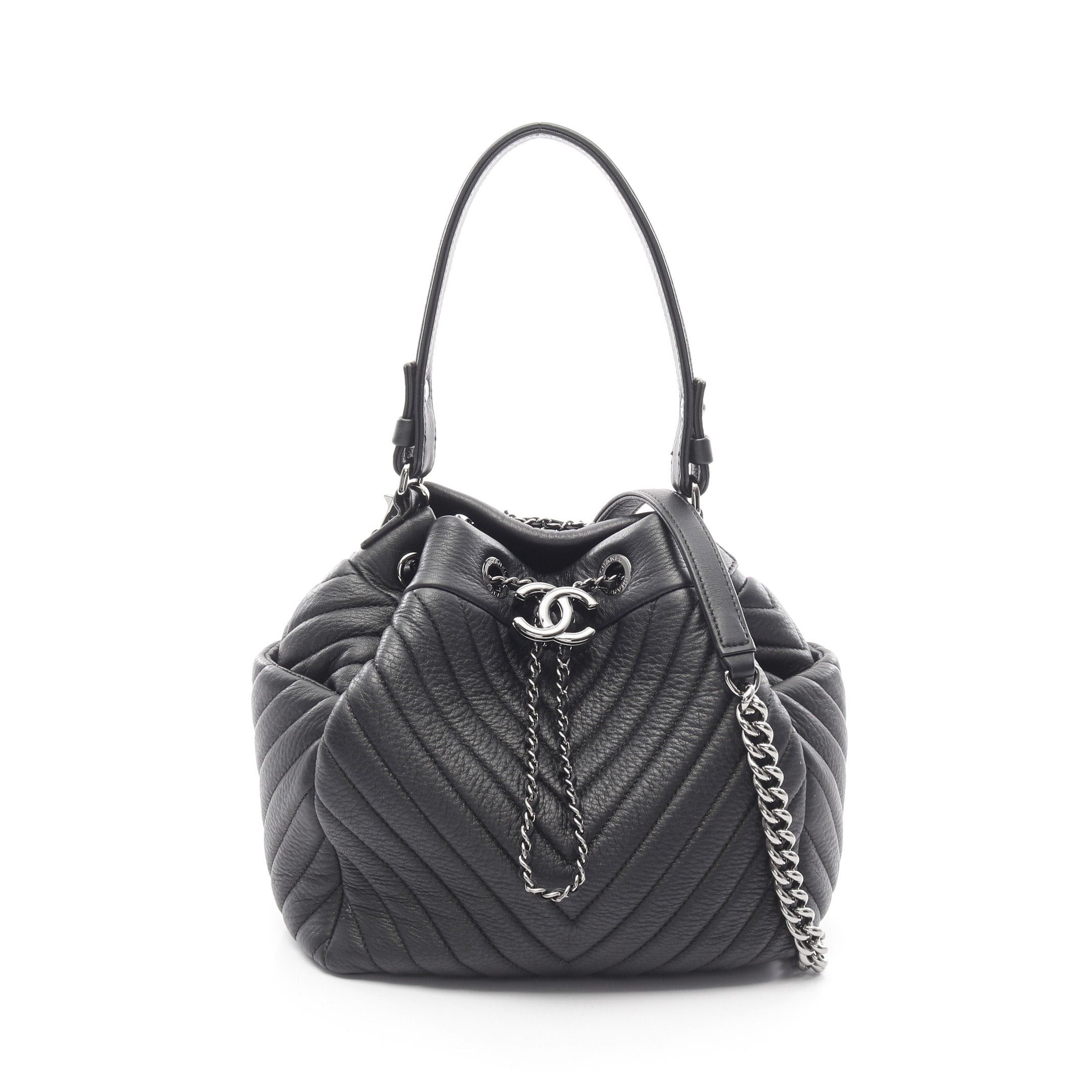 Chanel Chanel Chevron V-Stitch Drawstring Handbag Leather Black Silver Hardware Size ONE SIZE - 1 Thumbnail