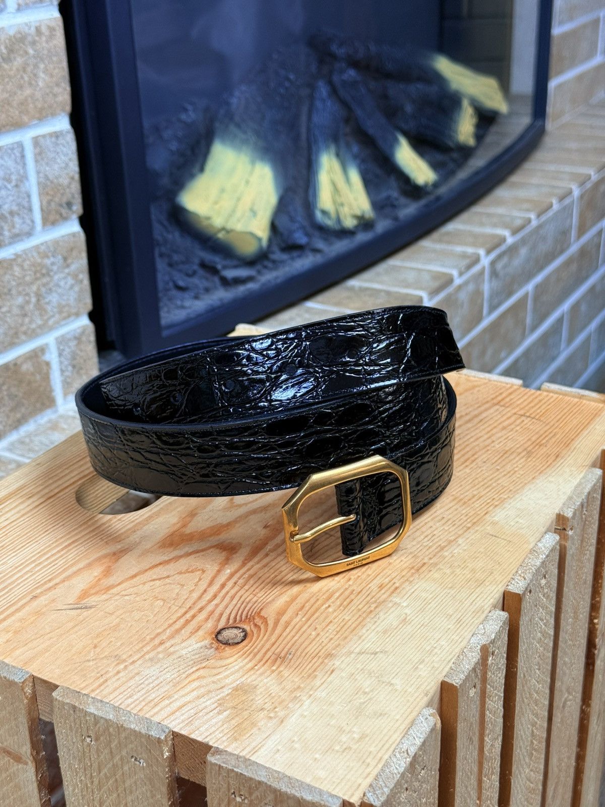 Saint Laurent Paris Saint Laurent Frame Thin Belt Crocodile Embossed Belt Size ONE SIZE - 3 Thumbnail