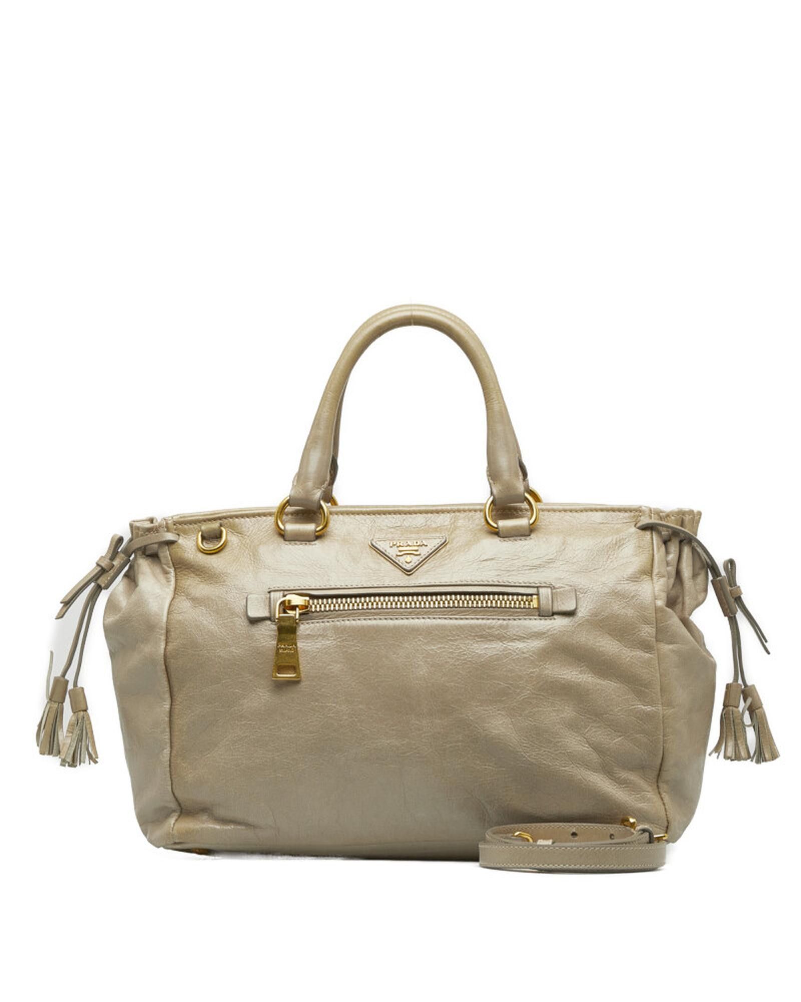image of Prada Beige Vitello Lux Satchel Bag In Ab Condition, Women's
