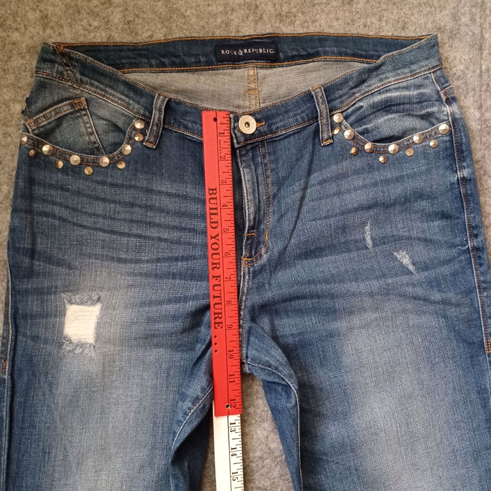 Vintage Rock & Republic Jeans 16 M Blue Indee Straight Distressed Logo Stud Pocket Denim Jeans Size 38" / US 16 / IT 52 - 5 Thumbnail