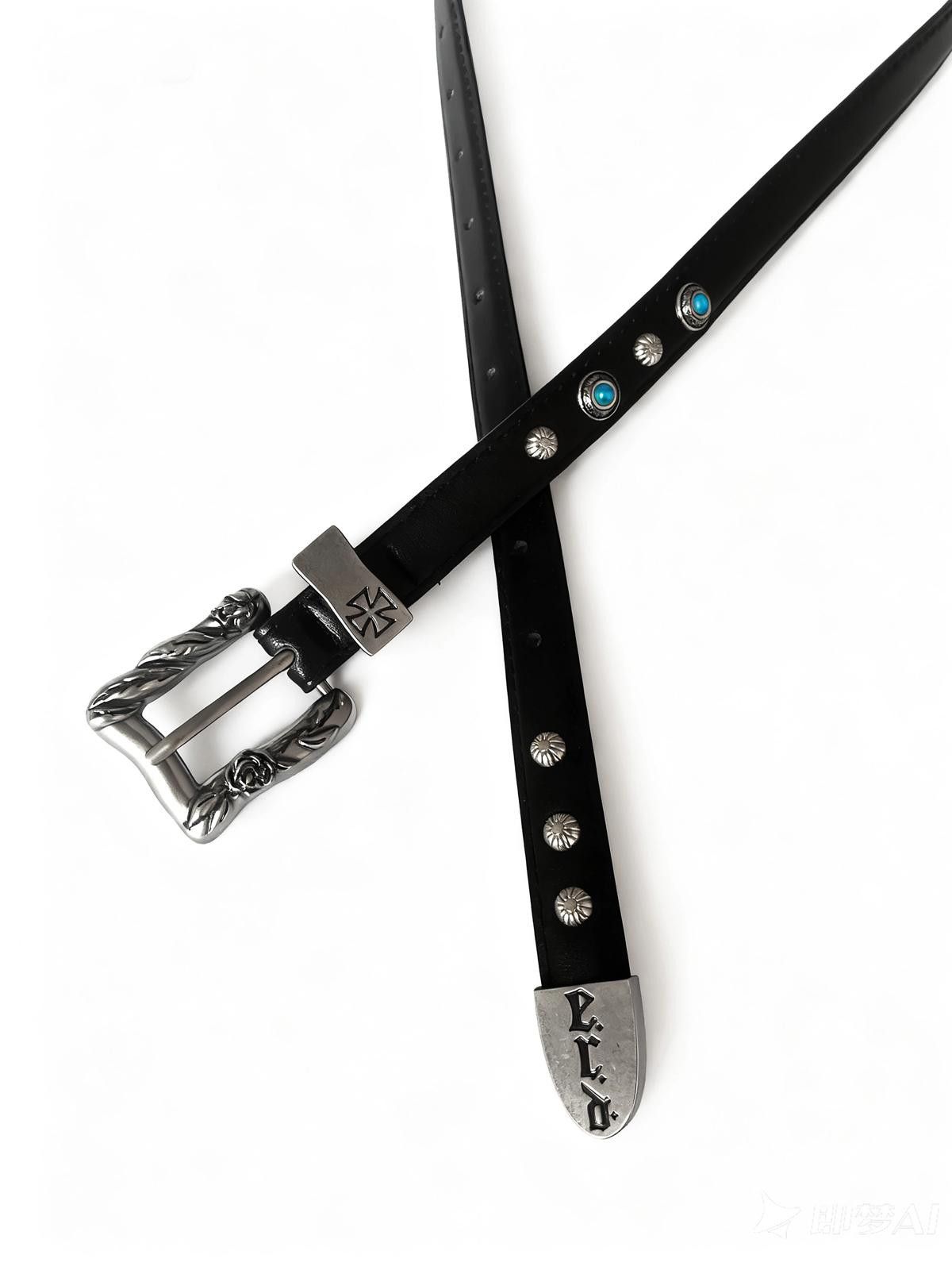 Leather Black Leather Belt with Silver Buckle and Turquoise Accents Size ONE SIZE - 6 Thumbnail
