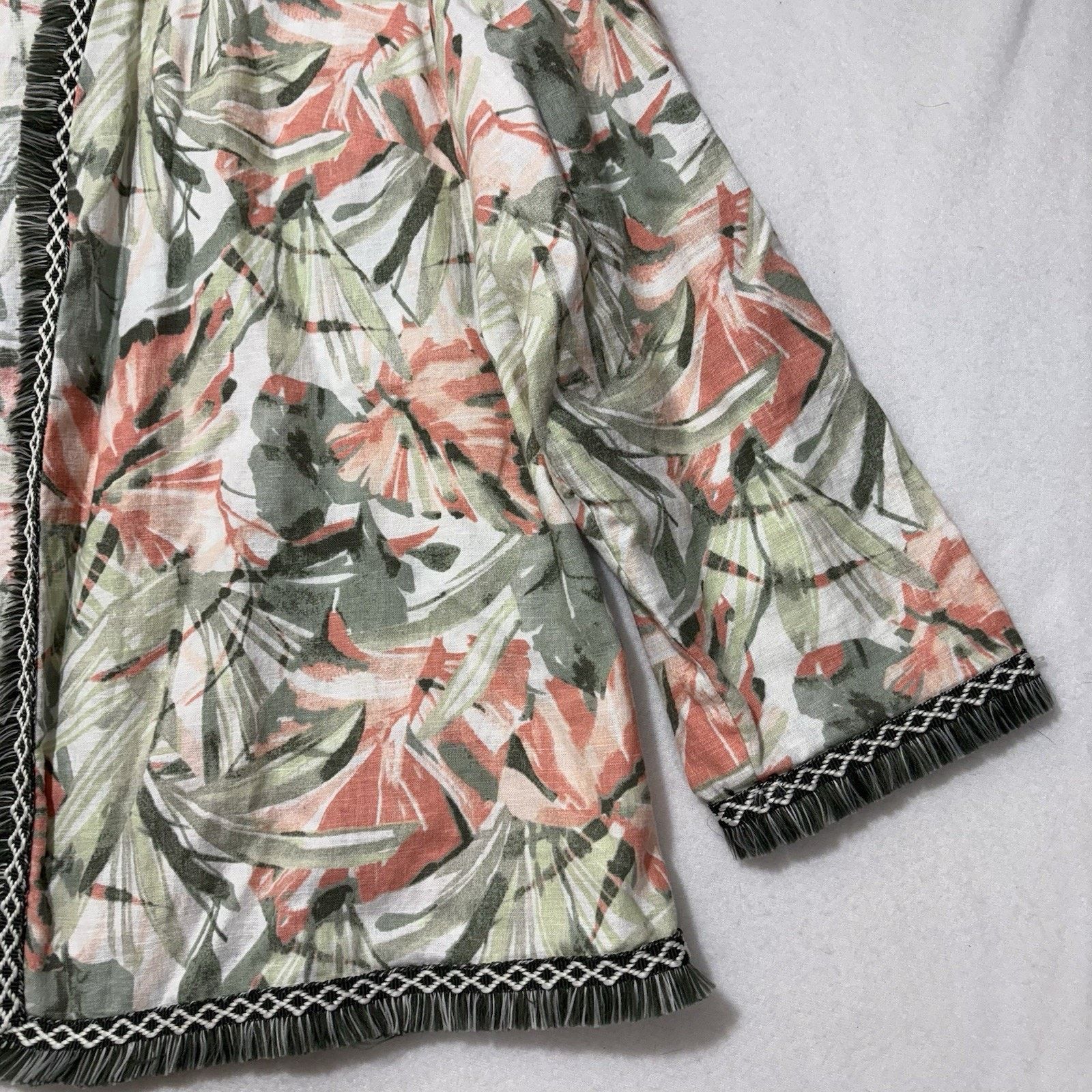 Chicos Chico's Large Open Front Fringe Cardigan Linen Blend Floral Size L / US 10 / IT 46 - 6 Thumbnail