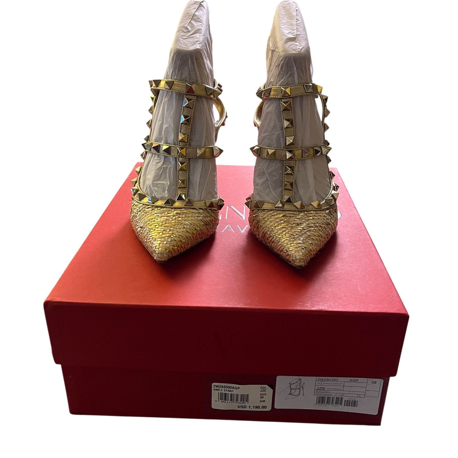 Valentino Valentino Rockstud T Strap Raffia Pumps Gold Studded 38 Heel Size US 8 / IT 38 - 8 Thumbnail