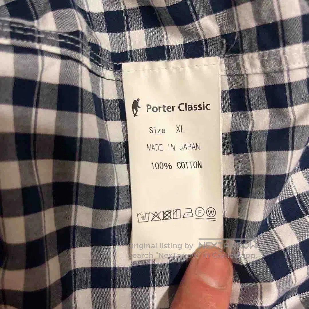Porter Classic navy roll-up gingham check shirt. Size US XL / EU 56 / 4 - 5 Thumbnail