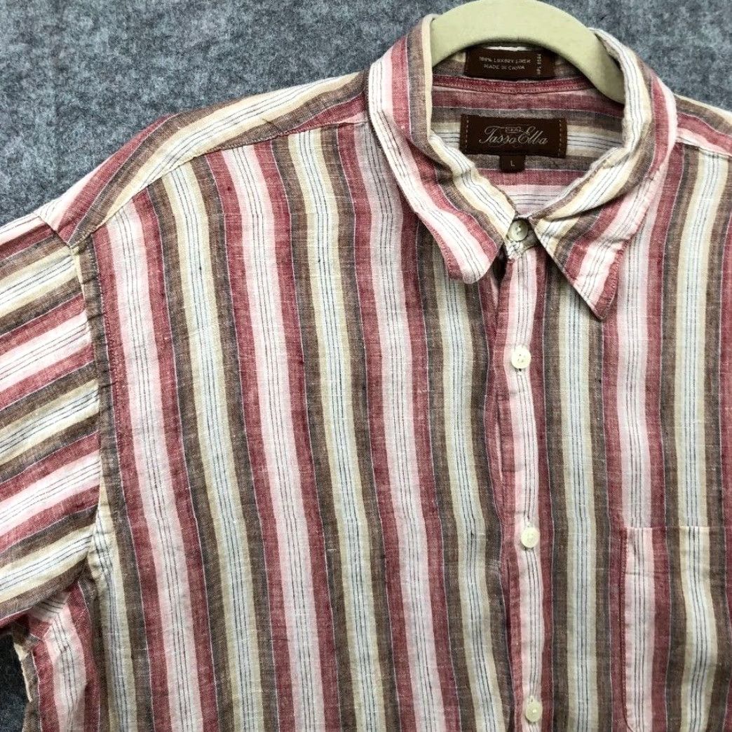 Tasso Elba Tasso Elba Linen Shirt Mens L Short Sleeve Button Up Striped Pink Brown Beach Holiday Ocean Collar Size US L / EU 52-54 / 3 - 6 Thumbnail