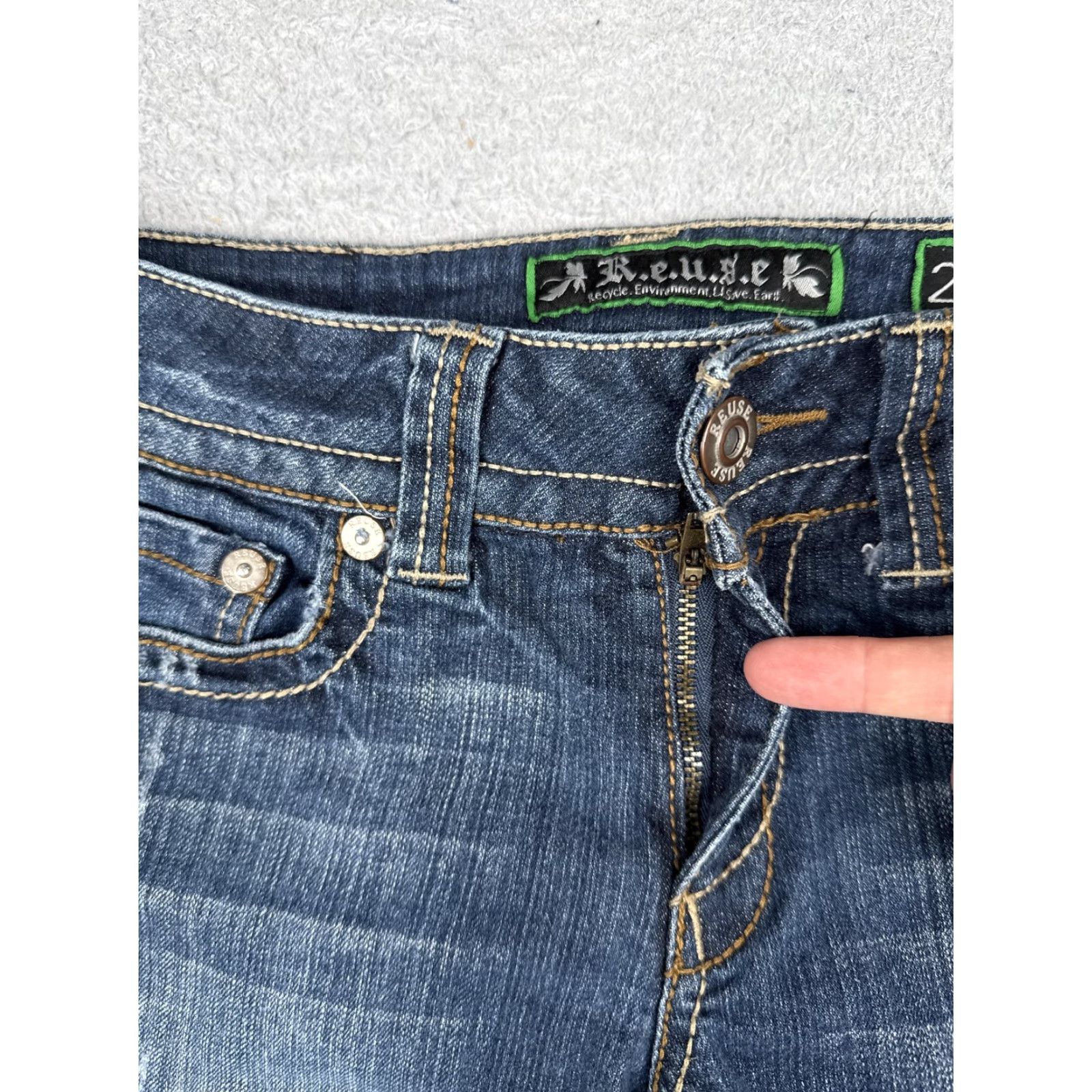 Denime R.E.U.S.E Denim Shorts Womens 28 Blue Cutoff Raw Hem Embroidered Distressed Cross Back Pockets Size 28" / US 6 / IT 42 - 6 Thumbnail