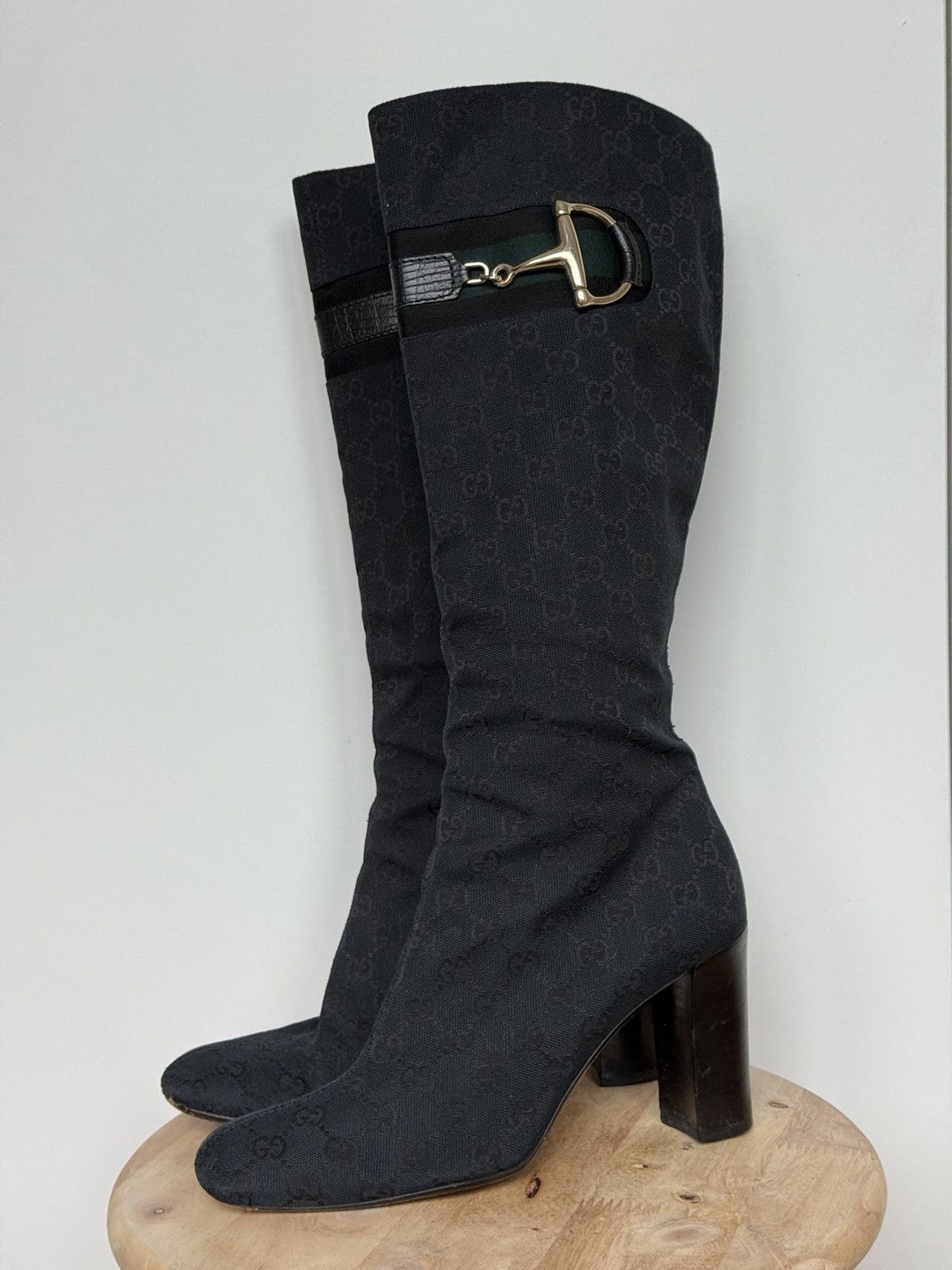 Gucci Black Canvas Monogram GG Horsebit Riding Boots