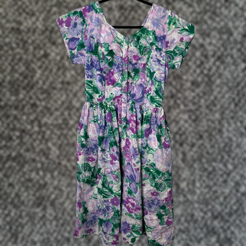 VINTAGE Honors Intimates Purple Floral Fit Flare Short Sleeve House Dress M  Women's