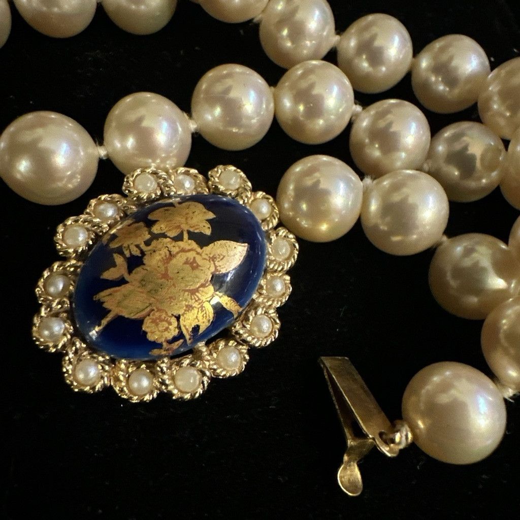 Vintage Vintage Limoges Pearl Necklace France 18” Blue Gold Ornate P Size ONE SIZE - 1 Thumbnail