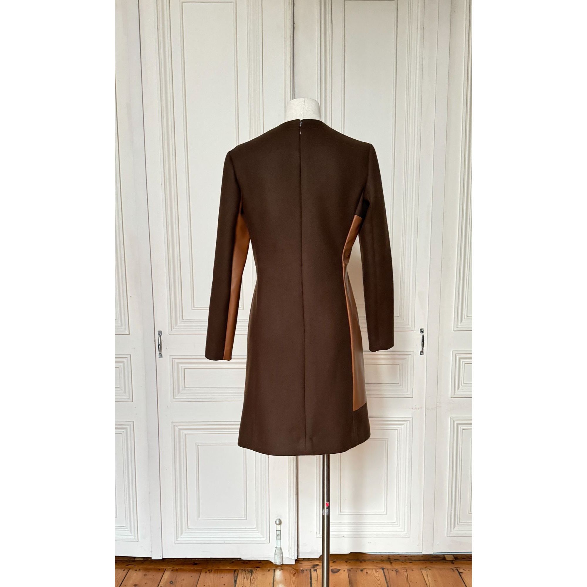 Celine FW 2011 Brown Wool & Buffalo Leather Dress Size M / US 6-8 / IT 42-44 - 7 Thumbnail