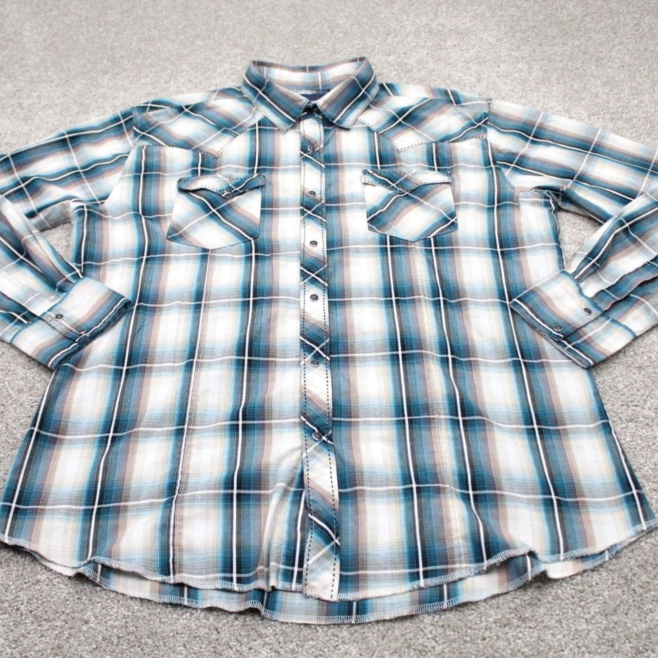 Wrangler Wrangler Pearl Snap Shirt Mens XL Plaid Blue/Tan Long Sleeve Button-Up Western Cotton/Poly Shirt Size US XL / EU 56 / 4 - 2 Thumbnail