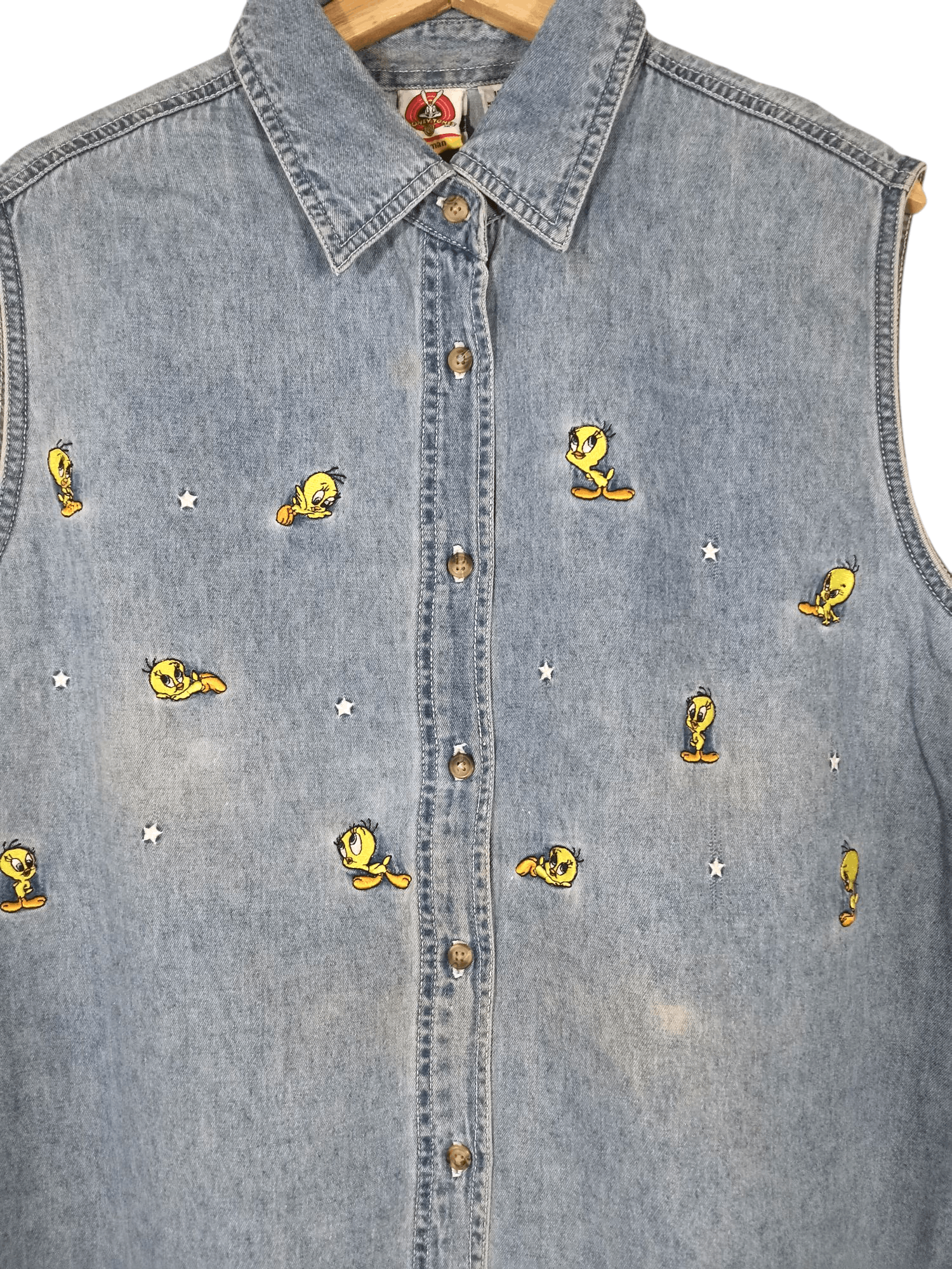 Vintage × Warner Bros Vtg 2000s Looney Tunes Tweety Denim Shirt Button-Up Blouse Size XL / US 12-14 / IT 48-50 - 3 Thumbnail