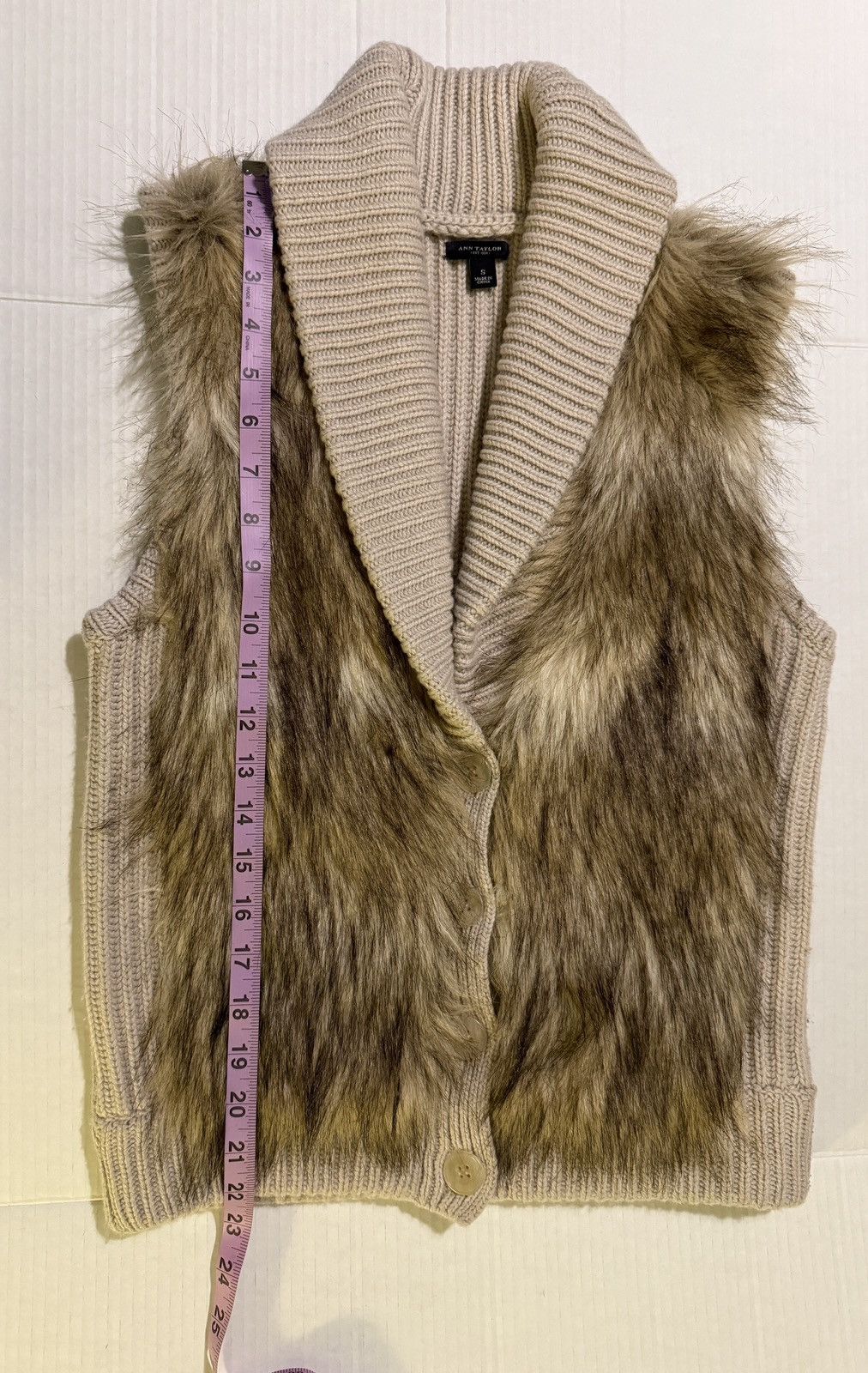 Ann Taylor Merino Wool Blend Beige Tan Faux Fur Vest Jacket