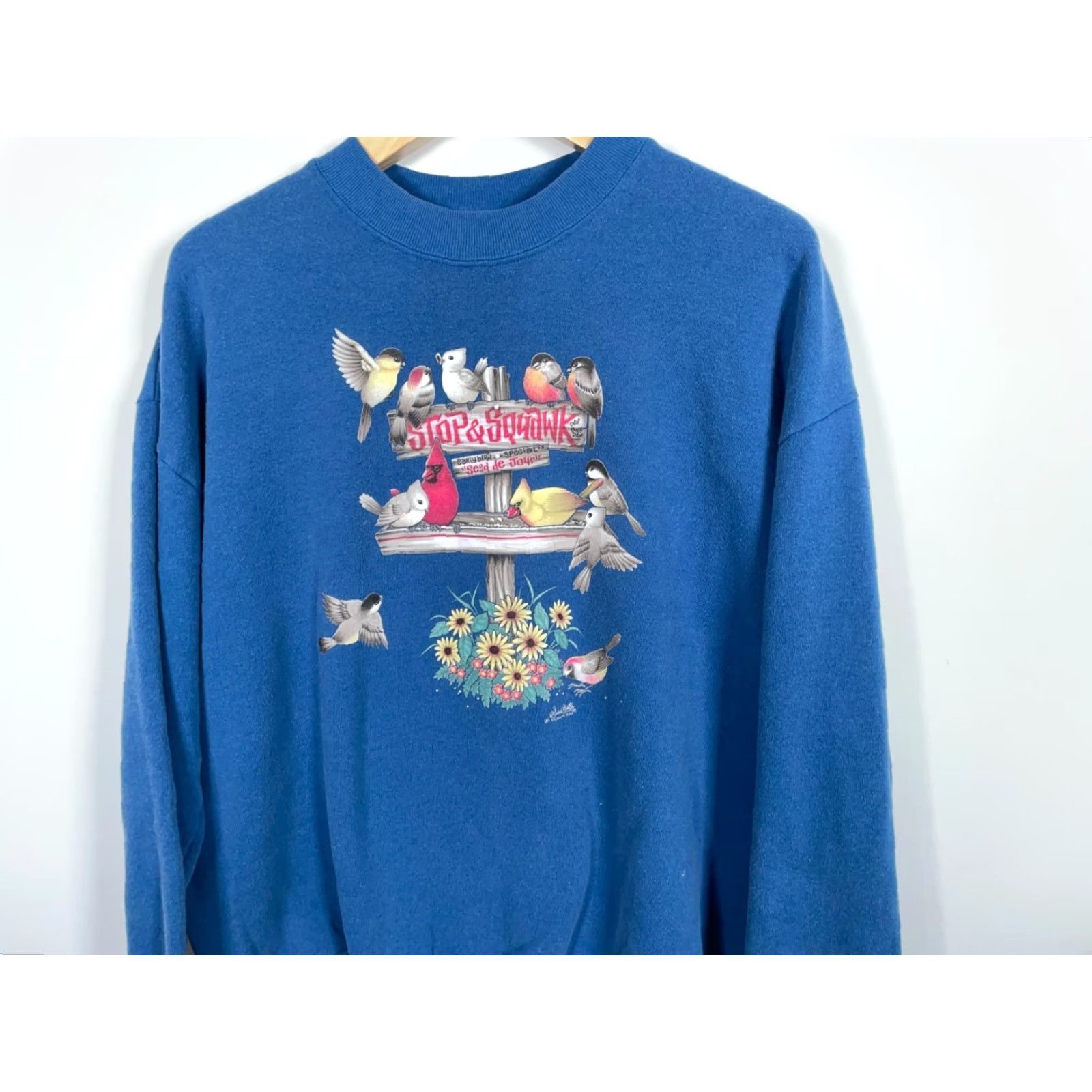 Vintage Morning Sun Grandma Bird Sweatshirt Women's XL Blue Crewneck Double Sided Flower Size XL / US 12-14 / IT 48-50 - 4 Thumbnail