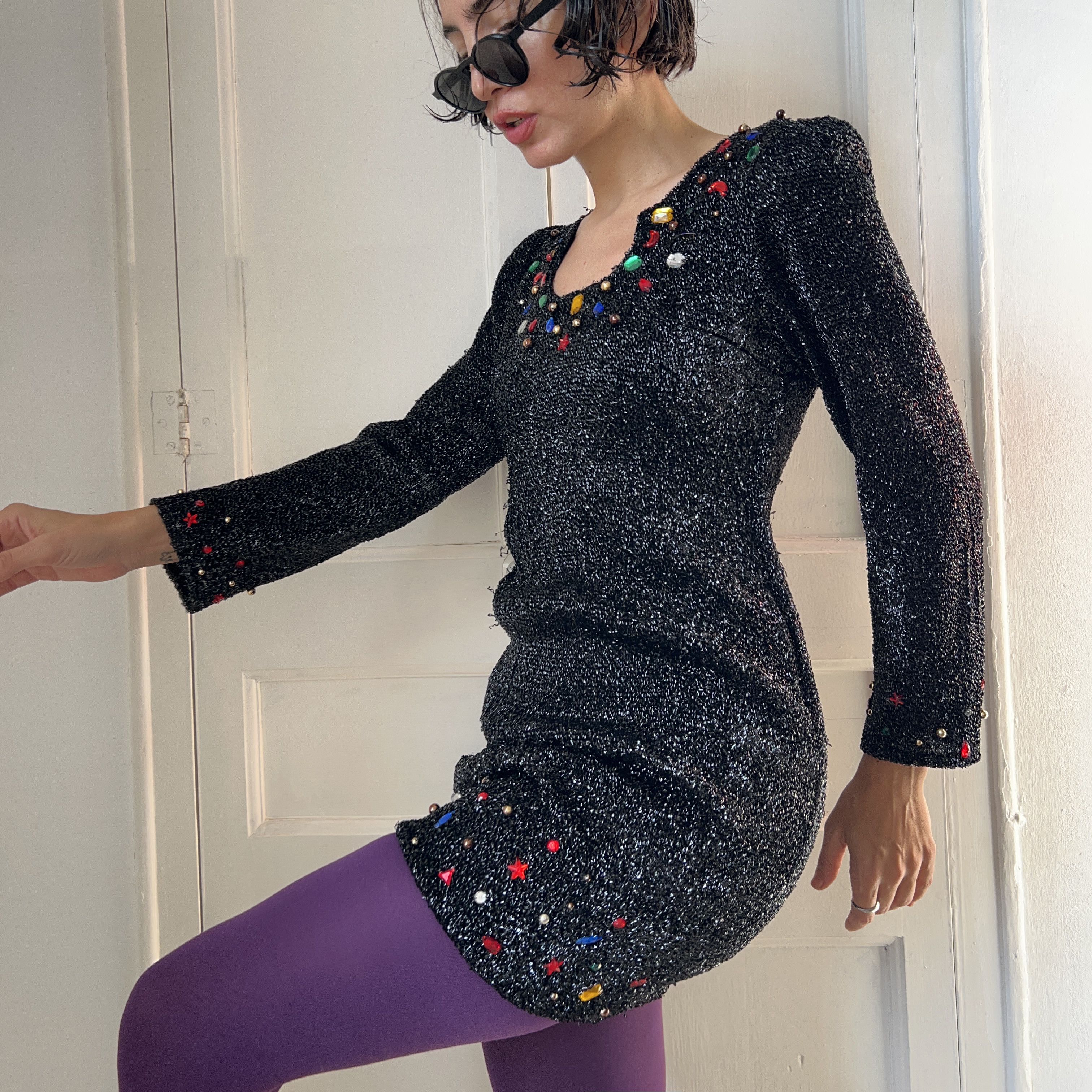 Vintage Vintage 80s Jeweled Black Lurex Mini Dress Size S / US 4 / IT 40 - 6 Thumbnail