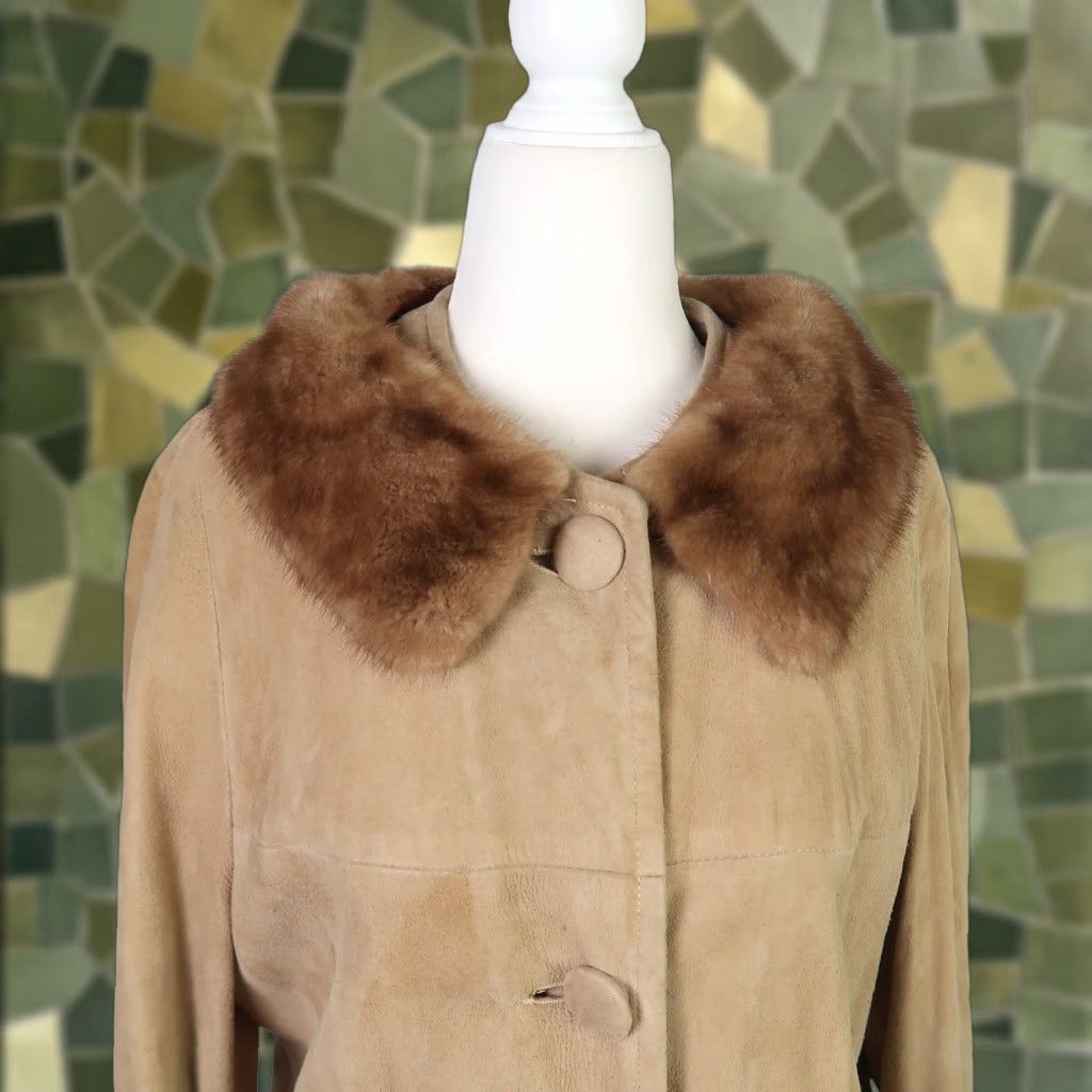Vintage VINTAGE 60s Tan Brown Suede Leather Mid Length Coat Fur Collar Women's Size 10 Bohemian Overcoat Size L / US 10 / IT 46 - 1 Thumbnail