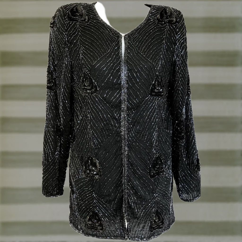 Vintage Vtg Jaisgumo 100% Silk Blouse M Black Beaded Hook Front Long Formal Coquette Glam Women's Blouse Size M / US 6-8 / IT 42-44 - 1 Thumbnail