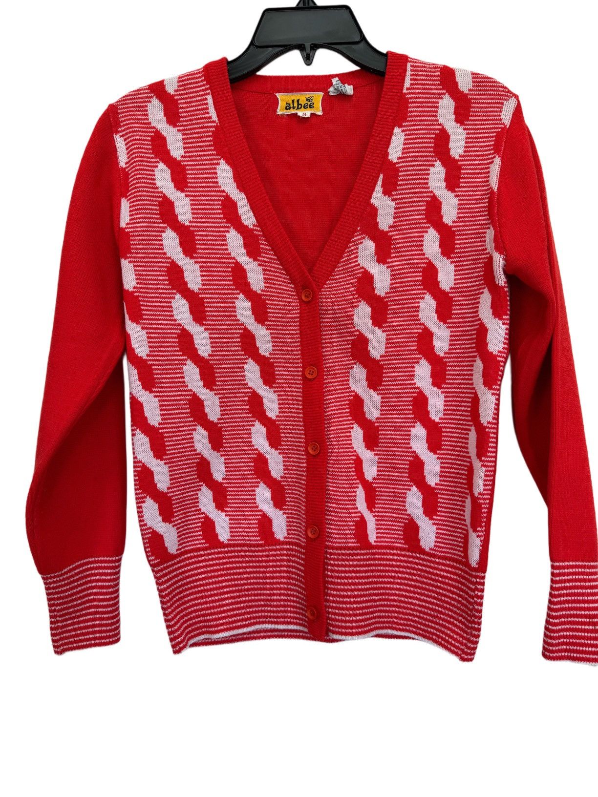 Vintage Albee women’s vintage 70s red white bowling cardigan sweater Size S / US 4 / IT 40 - 1 Thumbnail