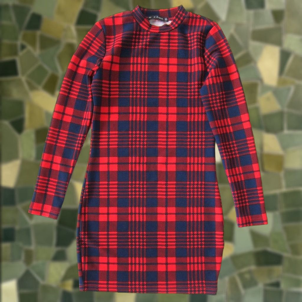 ZAFUL Zaful Blue Red Plaid Stretch Plaid Mock Neck Bodycon Pencil Dress Size 6 Size M / US 6-8 / IT 42-44 - 1 Thumbnail
