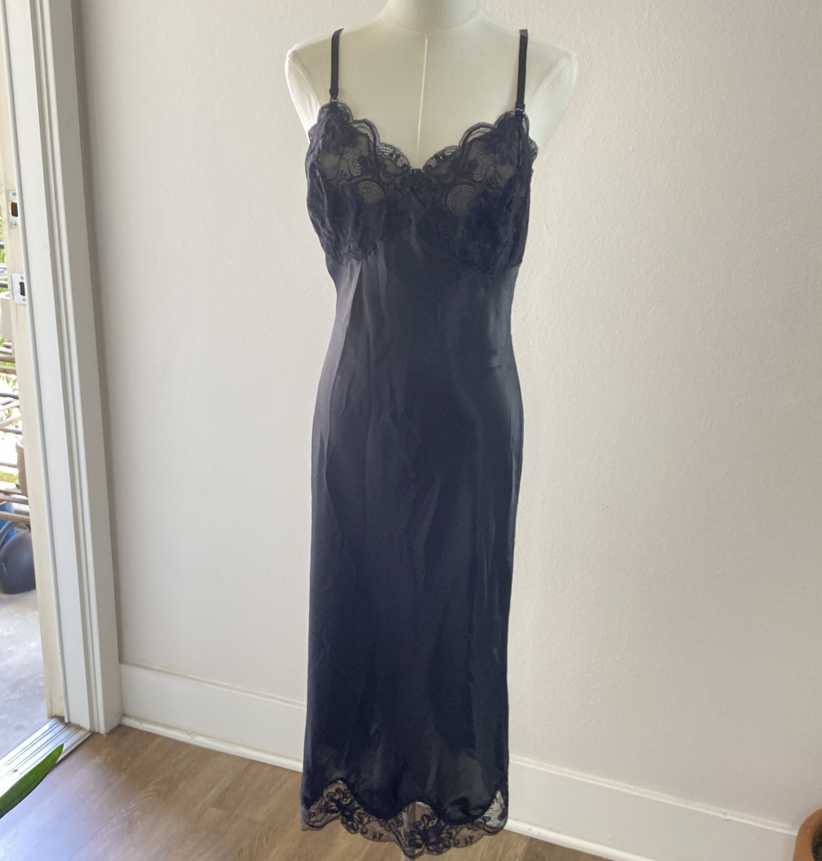 Vintage Vintage Black Satin Lace Trim Slip Dress Midi Size S / US 4 / IT 40 - 2 Thumbnail