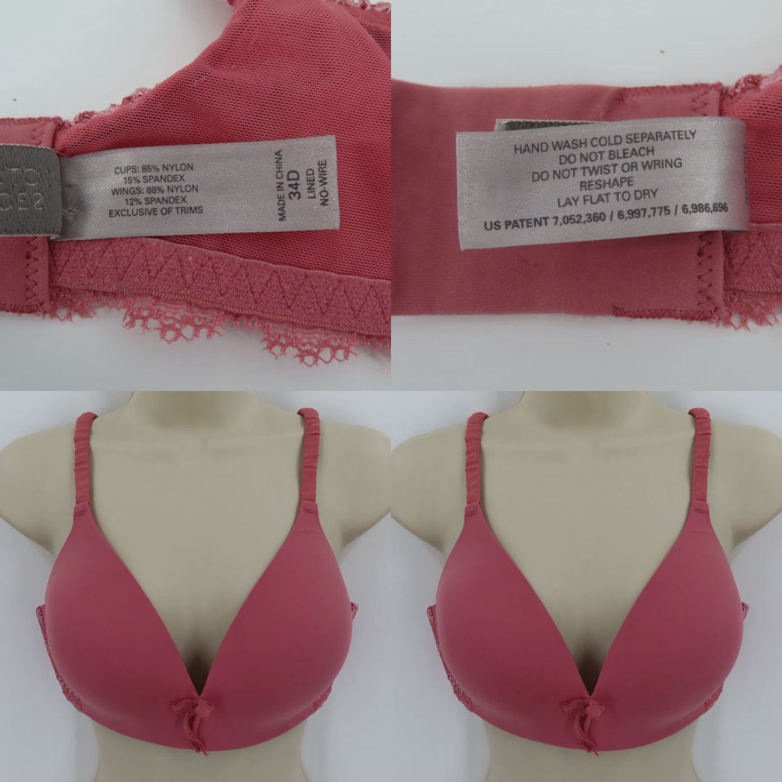 Victoria's Secret Victoria's Secret 34D Ipex Wireless Lined Padded Bra Lace Bow Accent Pink, T-Shirt, Bra, Women, 34D, NS, 34 Band, D Cup Size ONE SIZE - 9 Thumbnail
