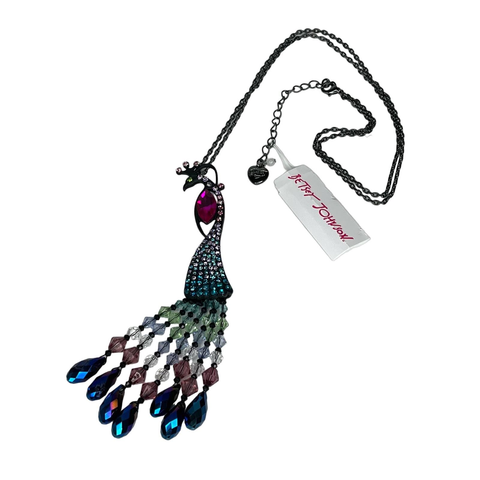 NEW Betsey Johnson PEACOCK BIRD NECKLACE Stone Bead Tassels