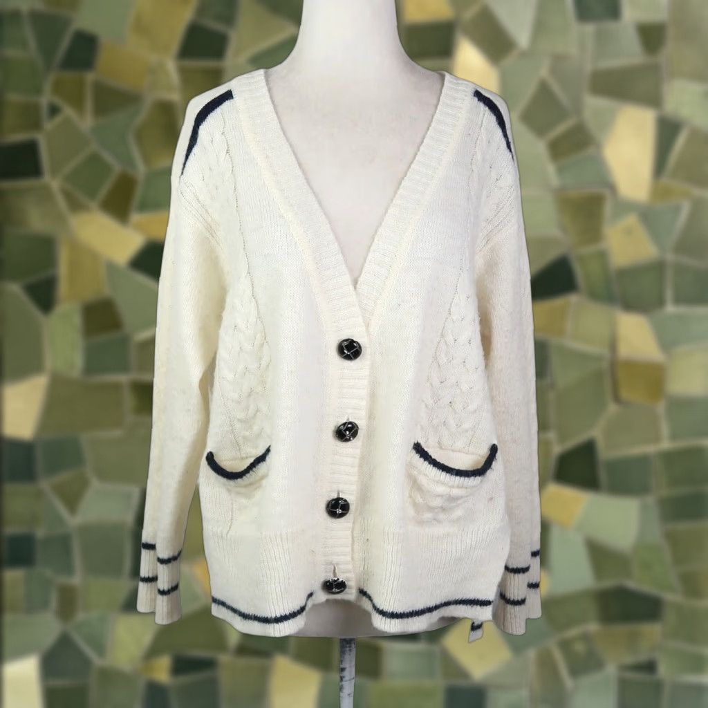 Vintage Folk by Hansel From Basel Cardigan Sweater Cream Navy Trim Wool Blend XS Women Long Sleeve V-Neck Size XS / US 0-2 / IT 36-38 - 1 Thumbnail