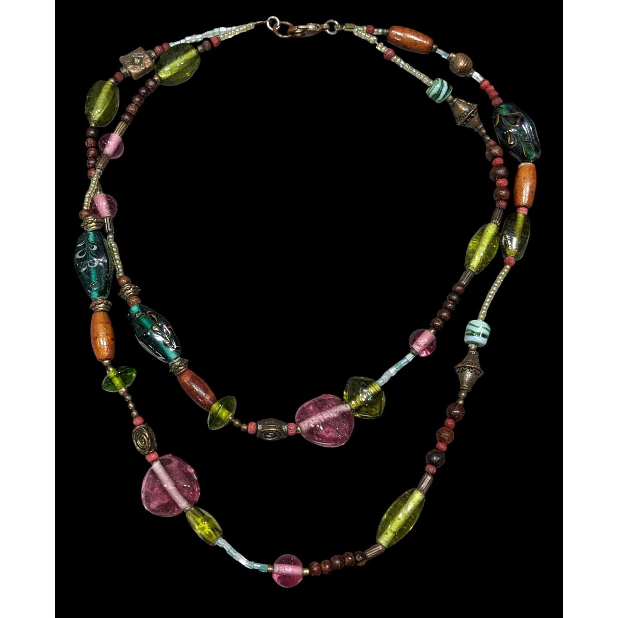 Handmade Handmade Cottagecore Pink And Green Layered Glass Beaded Nec Size ONE SIZE - 1 Thumbnail