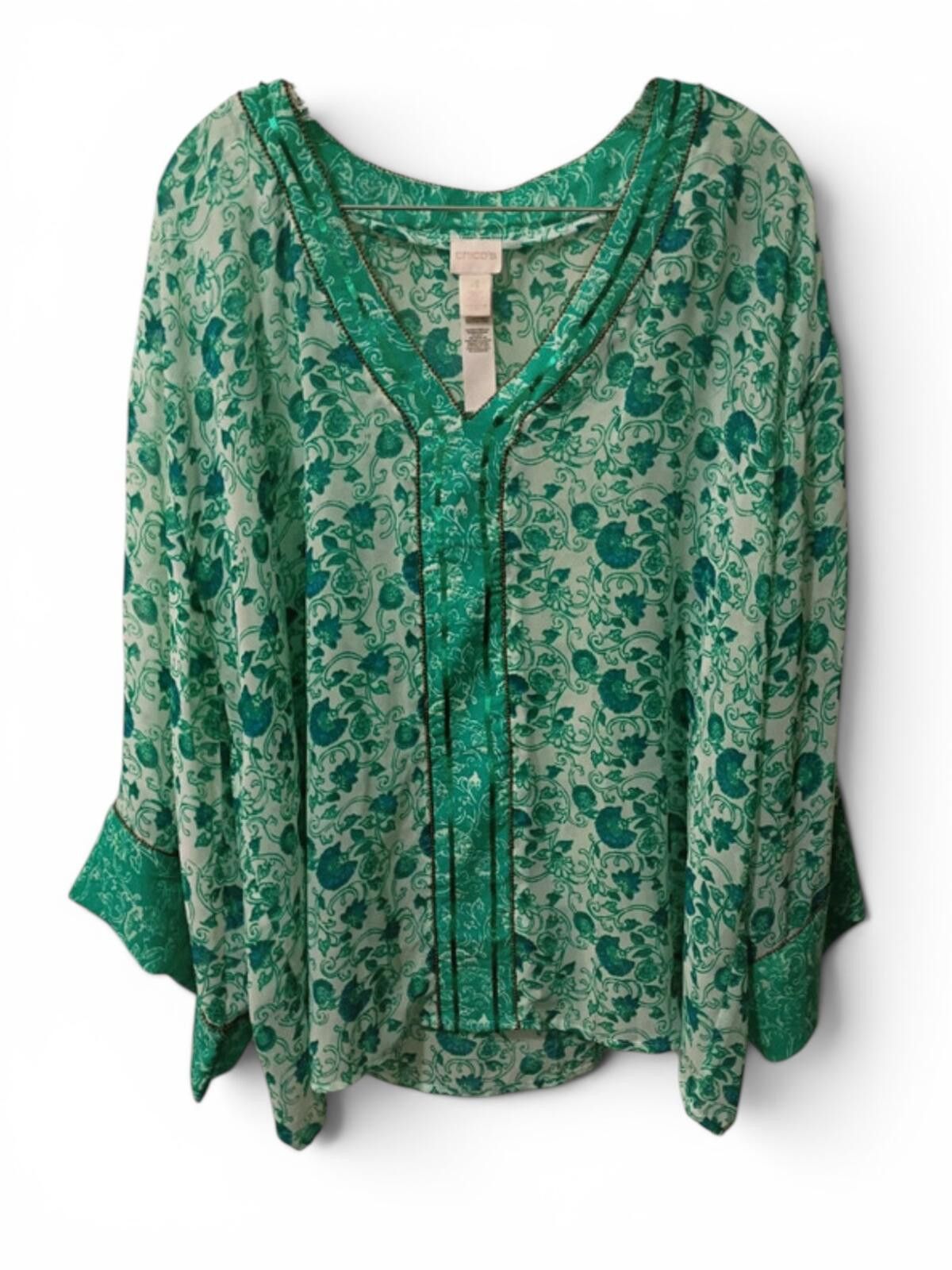 Chicos Chico's Green Floral Patterned V-Neck Blouse with Bell Slee- Size XL / US 12-14 / IT 48-50 - 1 Thumbnail