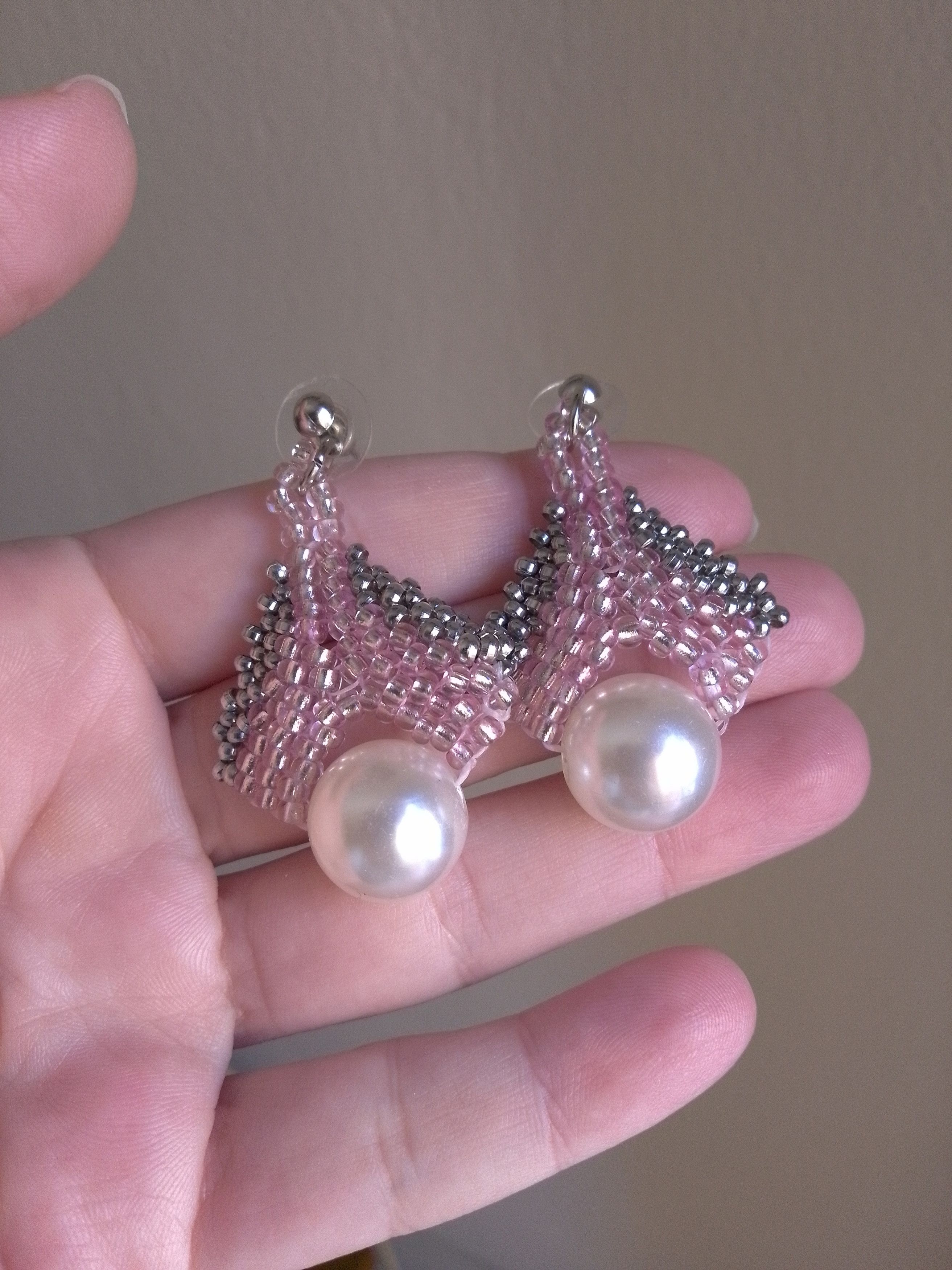 Handmade Earrings. Pearl. Geometrical. Elegant. Pink glass Size ONE SIZE - 4 Thumbnail