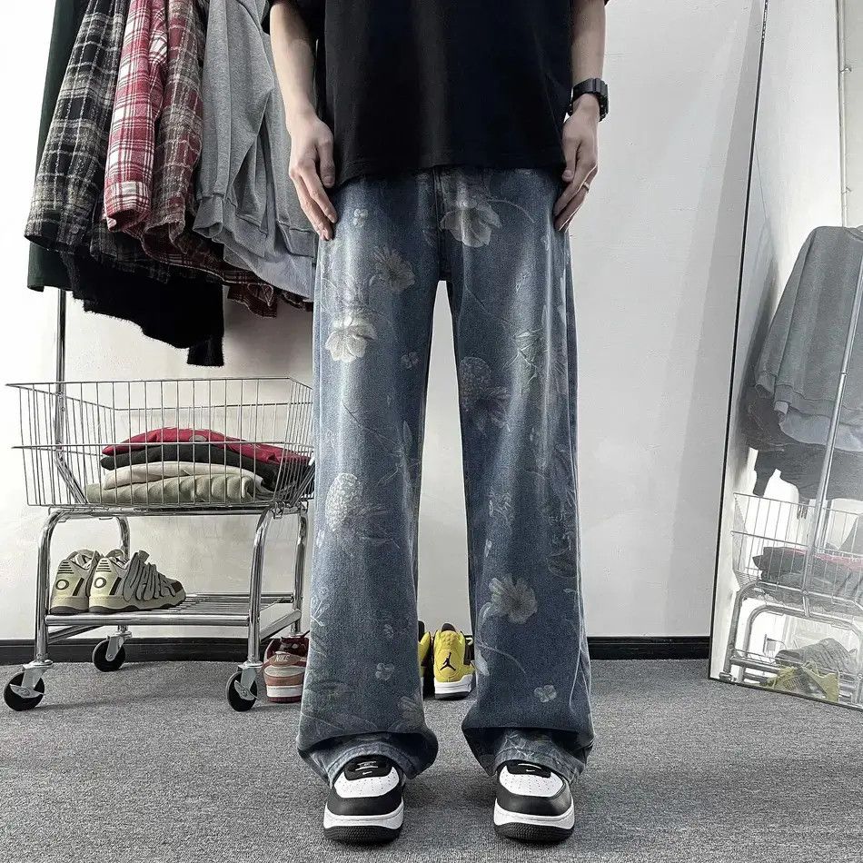 Hip hop straight leg wide leg printed jeans