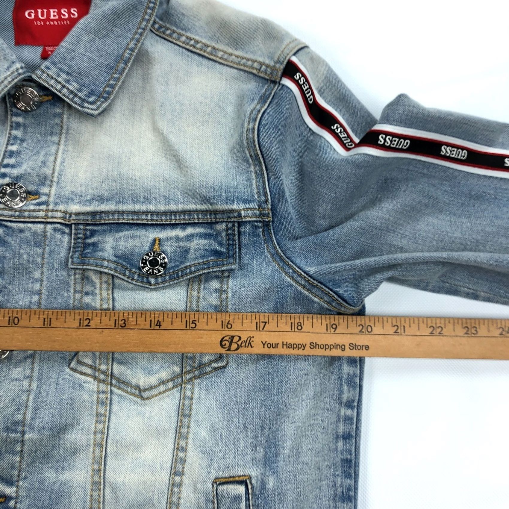 Guess VINTAGE GUESS Blue Denim Jacket Mens S Stretch Jeans Style Biker USA Classic 80s/90s? Size US 29 - 6 Thumbnail